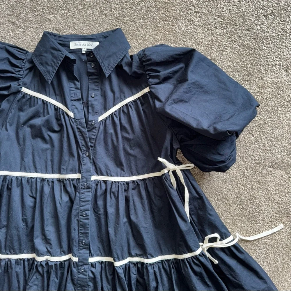 Sofie the Label Navy Women's Dress with Puff Sleeves Size Medium Cottagecore - Picture 8 of 10